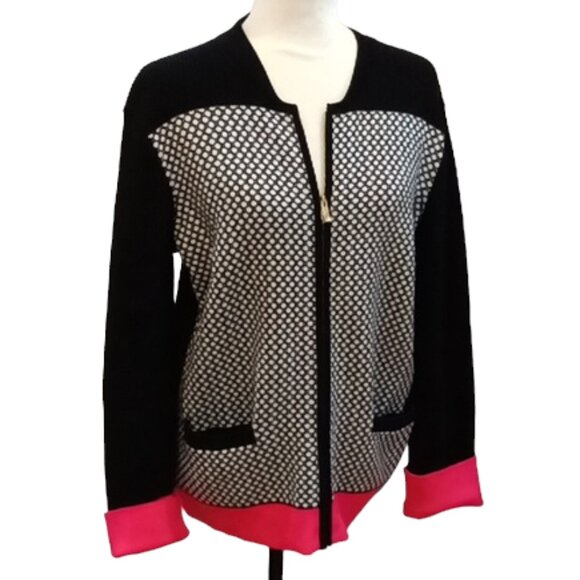 Jones of New York Signature Cardigan Black Sleeves Black & White Check Pink Trim - Picture 1 of 5